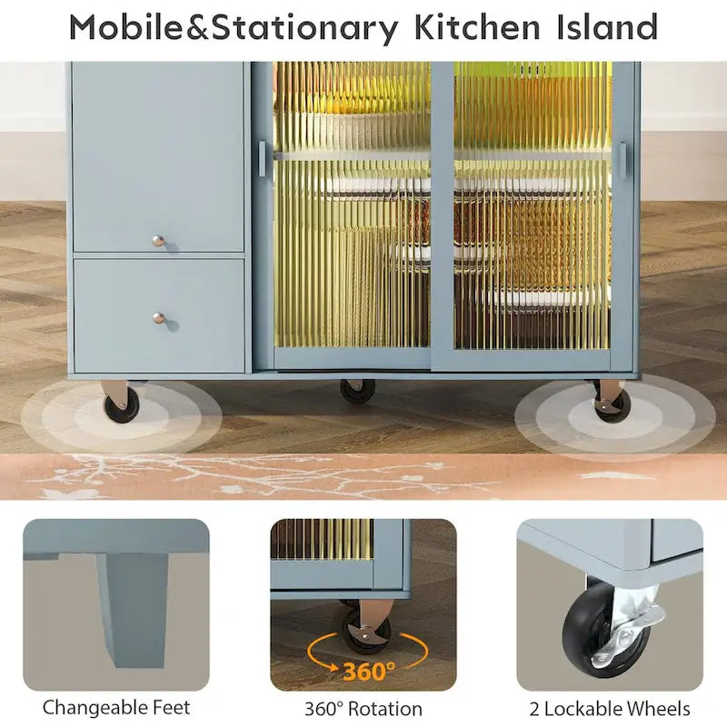 Kitchen Island Cart with Drop Leaf, LED Light, Fluted Glass Doors, Adjustable Shelf & 2 Drawers