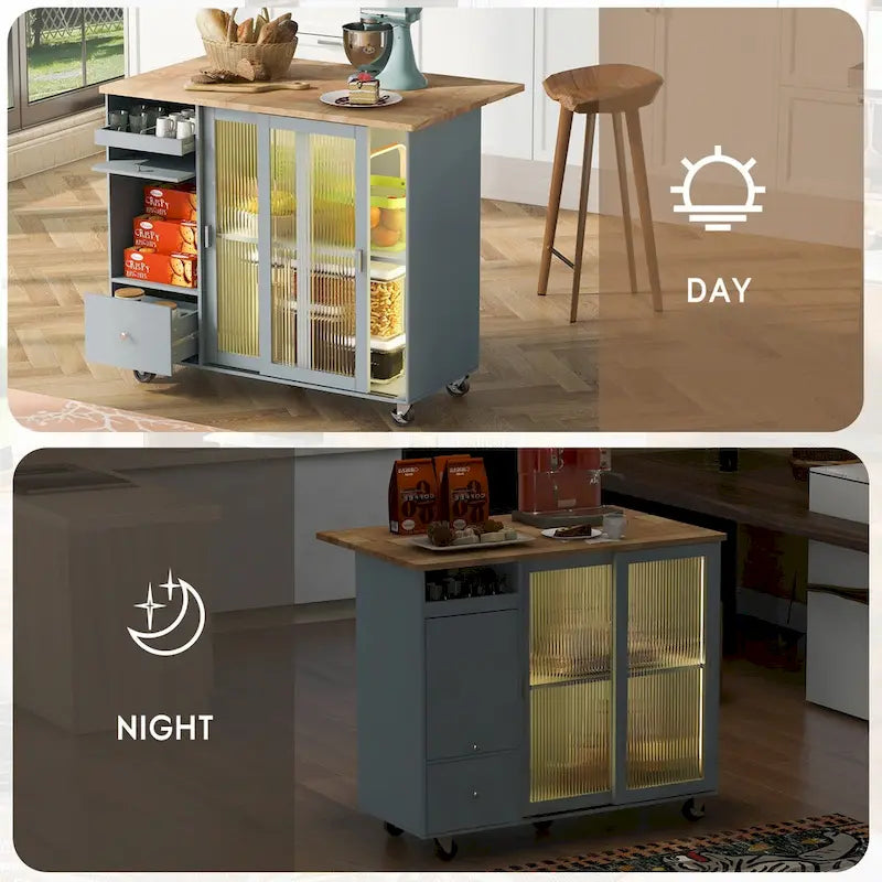 Kitchen Island Cart with Drop Leaf, LED Light, Fluted Glass Doors, Adjustable Shelf & 2 Drawers