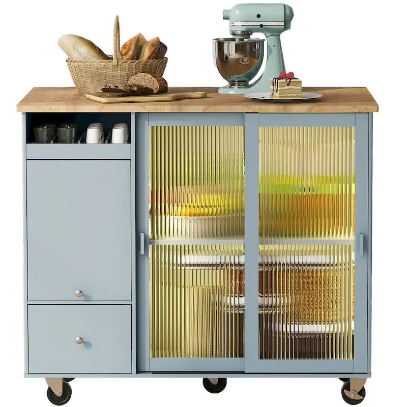 Kitchen Island Cart with Drop Leaf, LED Light, Fluted Glass Doors, Adjustable Shelf & 2 Drawers