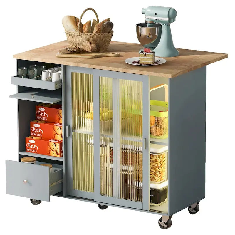 Kitchen Island Cart with Drop Leaf, LED Light, Fluted Glass Doors, Adjustable Shelf & 2 Drawers