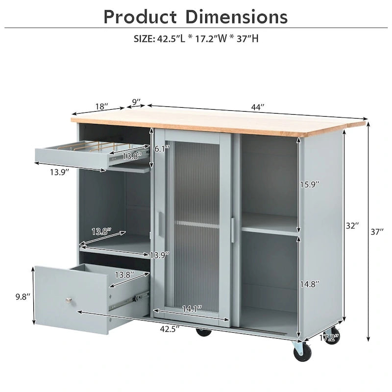 Kitchen Island Cart with Drop Leaf, LED Light, Fluted Glass Doors, Adjustable Shelf & 2 Drawers
