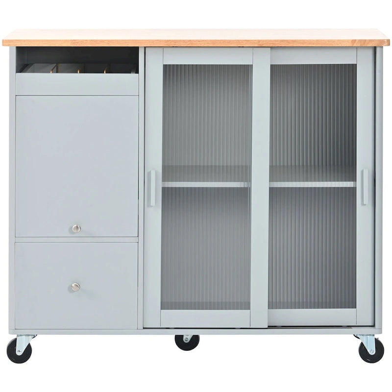 Kitchen Island Cart with Drop Leaf, LED Light, Fluted Glass Doors, Adjustable Shelf & 2 Drawers