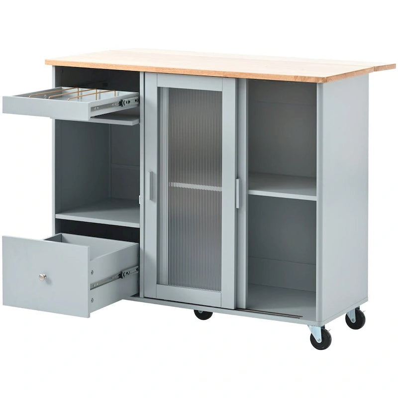 Kitchen Island Cart with Drop Leaf, LED Light, Fluted Glass Doors, Adjustable Shelf & 2 Drawers