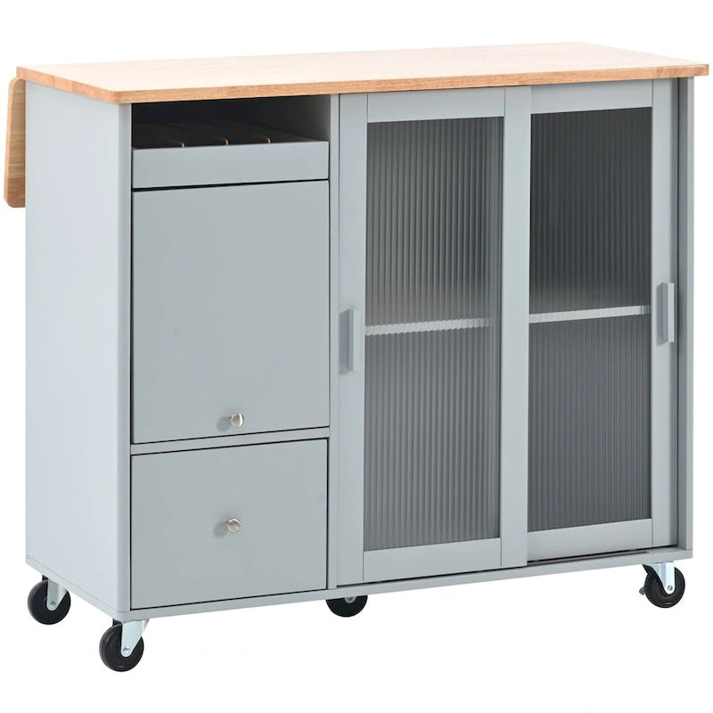 Kitchen Island Cart with Drop Leaf, LED Light, Fluted Glass Doors, Adjustable Shelf & 2 Drawers