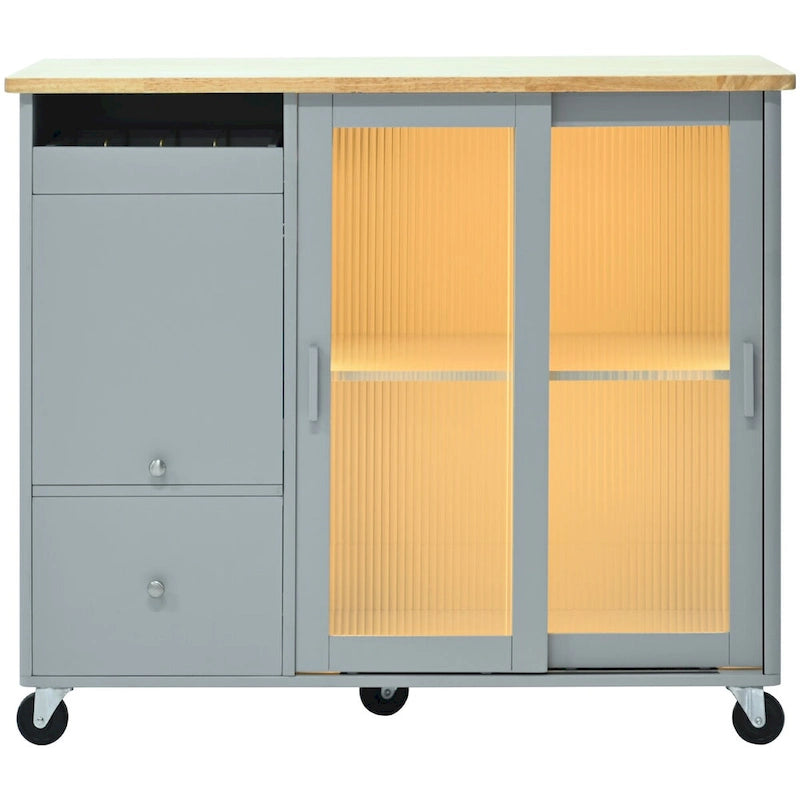 Kitchen Island Cart with Drop Leaf, LED Light, Fluted Glass Doors, Adjustable Shelf & 2 Drawers