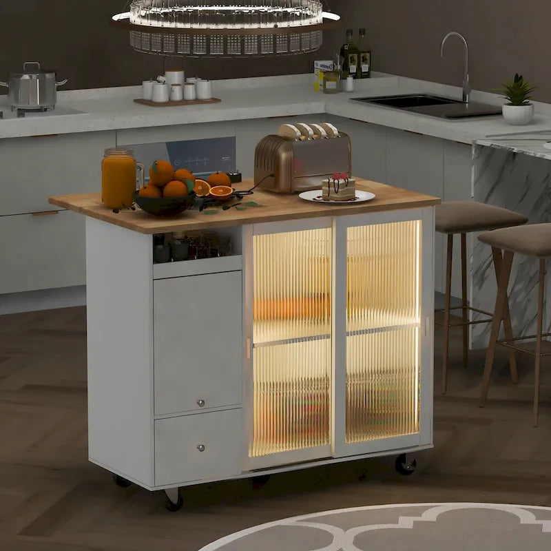 Kitchen Island Cart with Drop Leaf, LED Light, Fluted Glass Doors, Adjustable Shelf & 2 Drawers