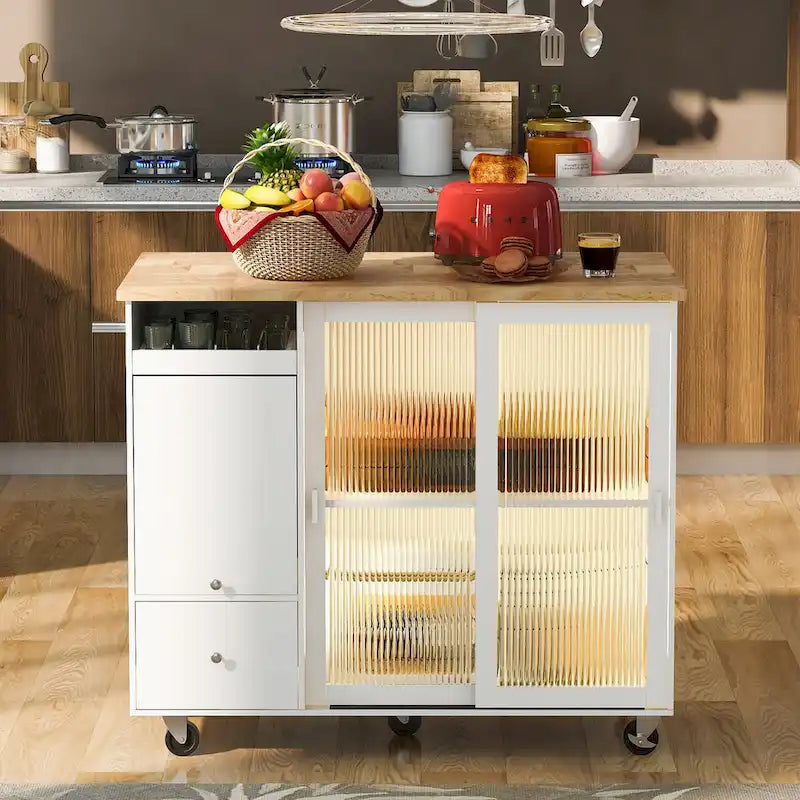 Kitchen Island Cart with Drop Leaf, LED Light, Fluted Glass Doors, Adjustable Shelf & 2 Drawers