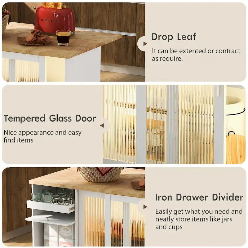 Kitchen Island Cart with Drop Leaf, LED Light, Fluted Glass Doors, Adjustable Shelf & 2 Drawers