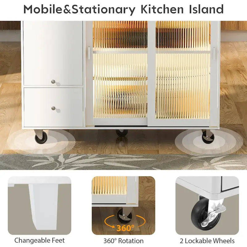 Kitchen Island Cart with Drop Leaf, LED Light, Fluted Glass Doors, Adjustable Shelf & 2 Drawers