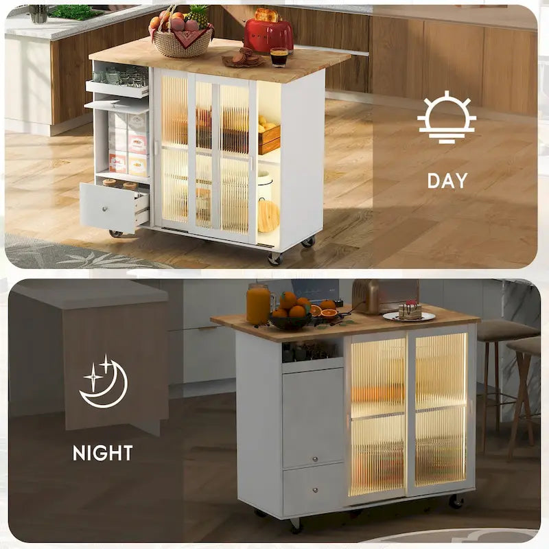 Kitchen Island Cart with Drop Leaf, LED Light, Fluted Glass Doors, Adjustable Shelf & 2 Drawers
