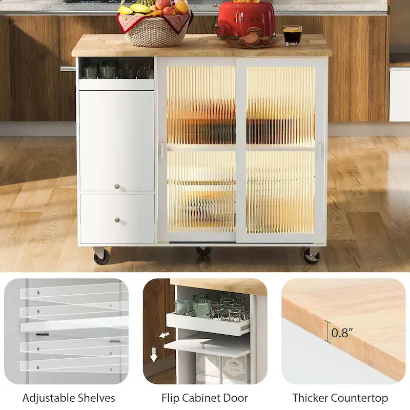 Kitchen Island Cart with Drop Leaf, LED Light, Fluted Glass Doors, Adjustable Shelf & 2 Drawers
