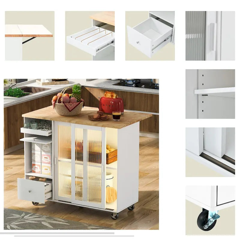 Kitchen Island Cart with Drop Leaf, LED Light, Fluted Glass Doors, Adjustable Shelf & 2 Drawers
