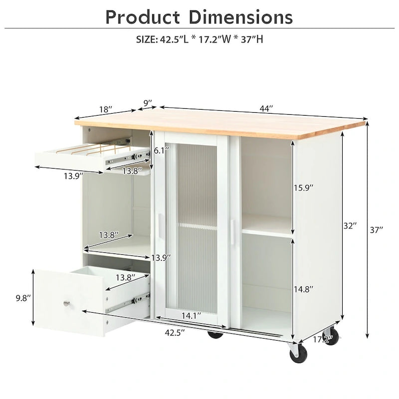 Kitchen Island Cart with Drop Leaf, LED Light, Fluted Glass Doors, Adjustable Shelf & 2 Drawers