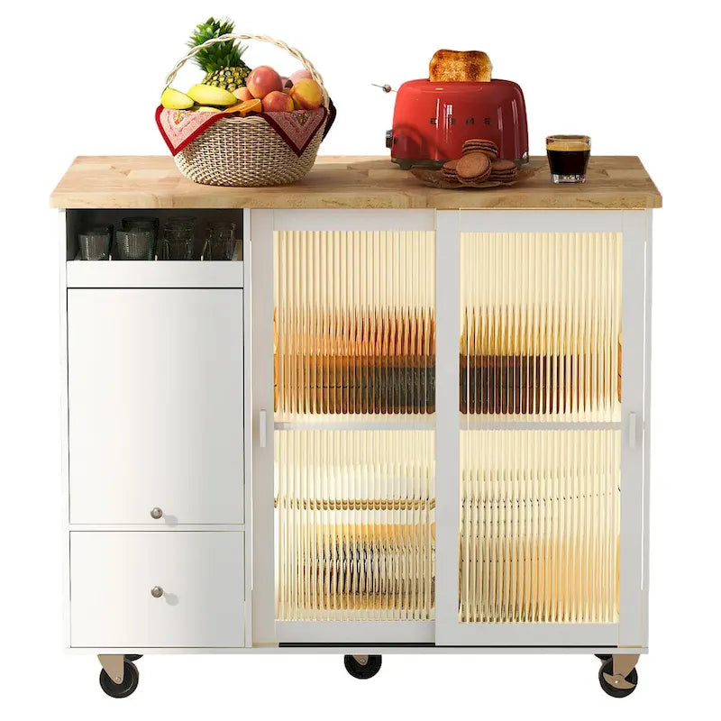 Kitchen Island Cart with Drop Leaf, LED Light, Fluted Glass Doors, Adjustable Shelf & 2 Drawers