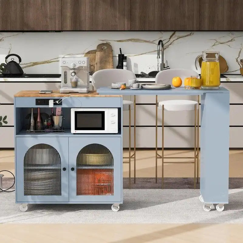 Rolling Kitchen Island on Wheels With Extended Table, LED Lights, Power Outlets and 2 Fluted Glass Doors