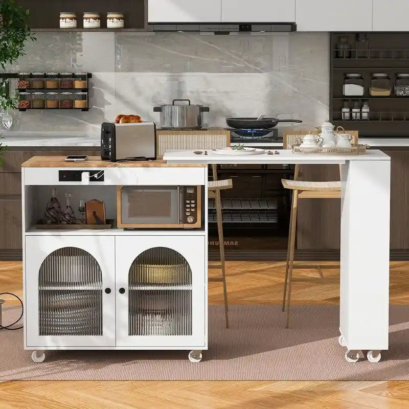 Rolling Kitchen Island on Wheels With Extended Table, LED Lights, Power Outlets and 2 Fluted Glass Doors