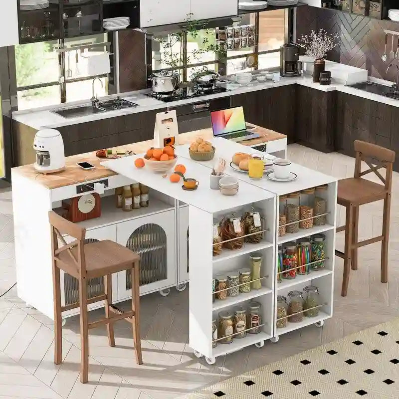 Rolling Kitchen Island on Wheels With Extended Table, LED Lights, Power Outlets and 2 Fluted Glass Doors