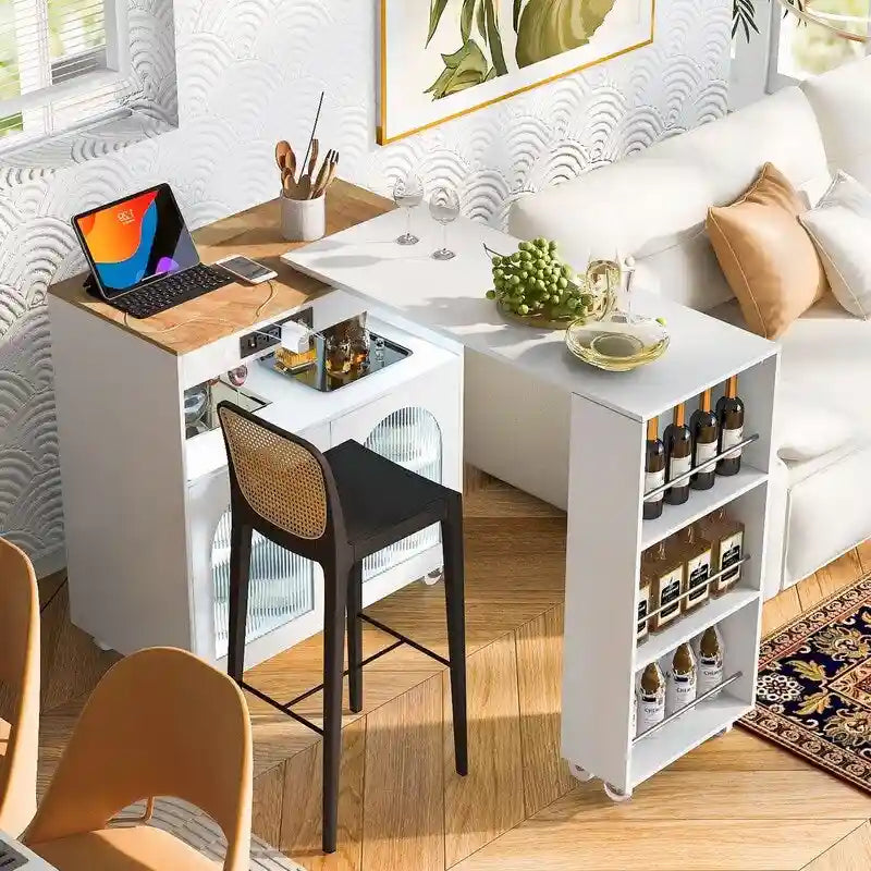 Rolling Kitchen Island on Wheels With Extended Table, LED Lights, Power Outlets and 2 Fluted Glass Doors