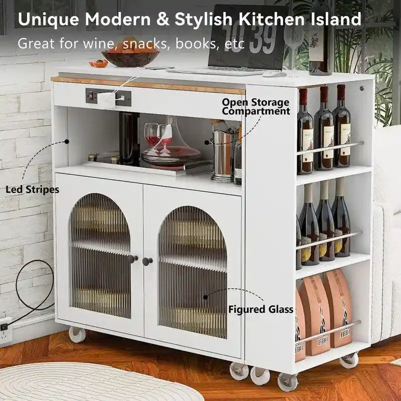 Rolling Kitchen Island on Wheels With Extended Table, LED Lights, Power Outlets and 2 Fluted Glass Doors