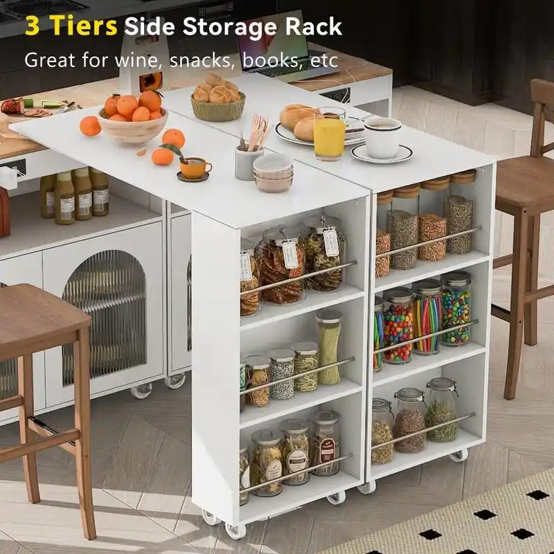 Rolling Kitchen Island on Wheels With Extended Table, LED Lights, Power Outlets and 2 Fluted Glass Doors