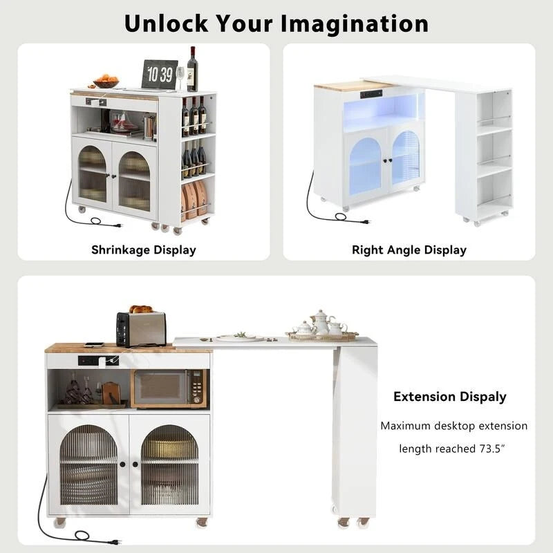 Rolling Kitchen Island on Wheels With Extended Table, LED Lights, Power Outlets and 2 Fluted Glass Doors