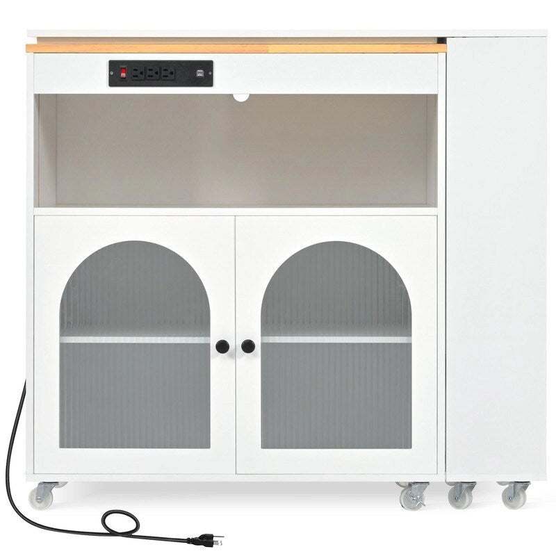Rolling Kitchen Island on Wheels With Extended Table, LED Lights, Power Outlets and 2 Fluted Glass Doors