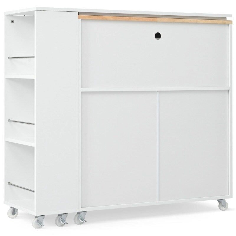 Rolling Kitchen Island on Wheels With Extended Table, LED Lights, Power Outlets and 2 Fluted Glass Doors