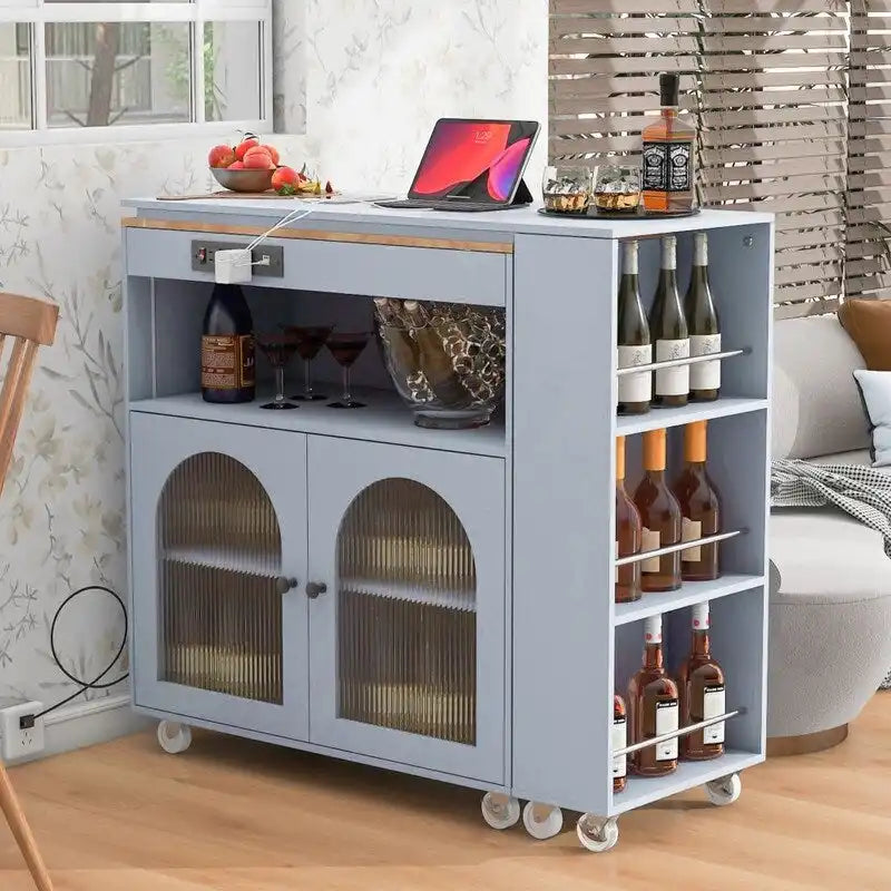 Rolling Kitchen Island on Wheels With Extended Table, LED Lights, Power Outlets and 2 Fluted Glass Doors