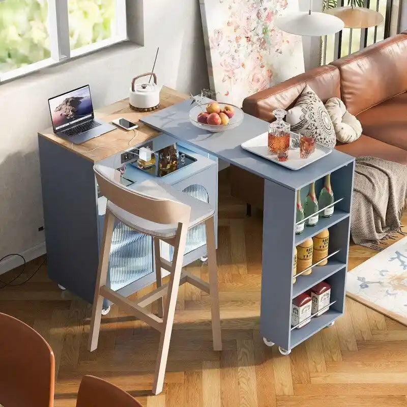 Rolling Kitchen Island on Wheels With Extended Table, LED Lights, Power Outlets and 2 Fluted Glass Doors