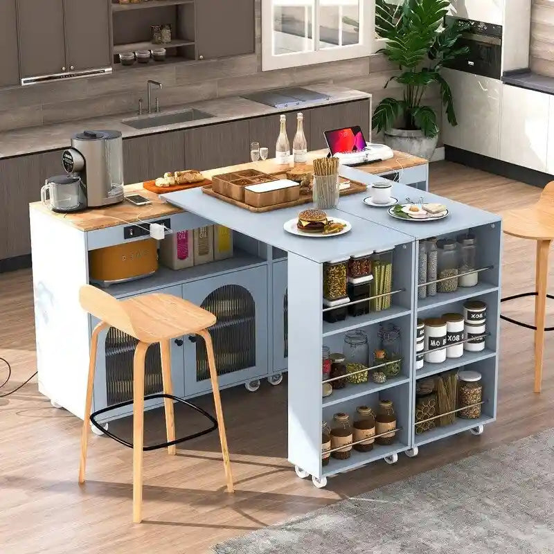 Rolling Kitchen Island on Wheels With Extended Table, LED Lights, Power Outlets and 2 Fluted Glass Doors