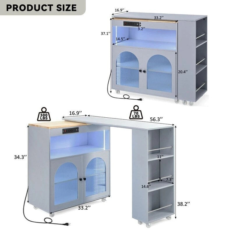 Rolling Kitchen Island on Wheels With Extended Table, LED Lights, Power Outlets and 2 Fluted Glass Doors