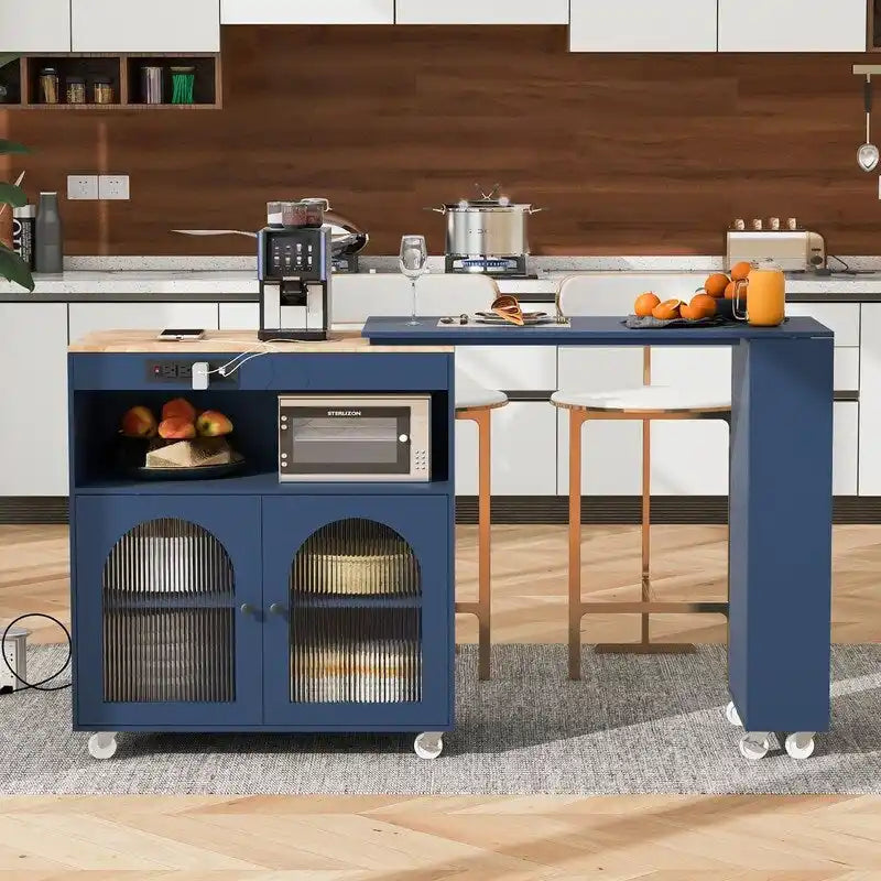 Rolling Kitchen Island on Wheels With Extended Table, LED Lights, Power Outlets and 2 Fluted Glass Doors