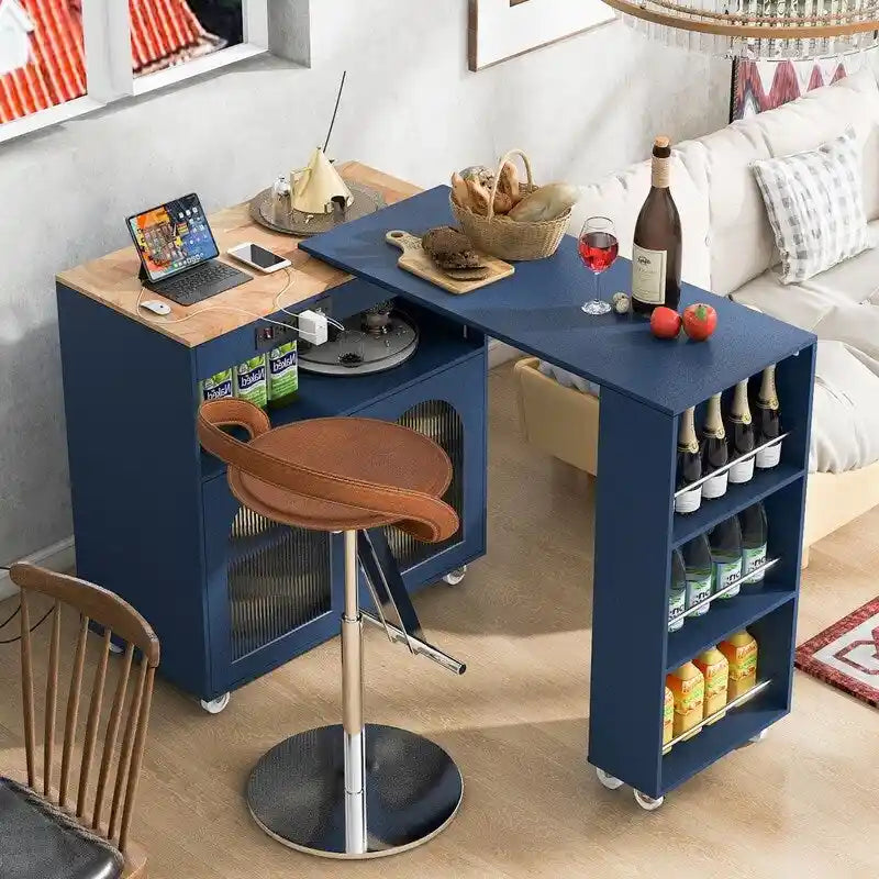Rolling Kitchen Island on Wheels With Extended Table, LED Lights, Power Outlets and 2 Fluted Glass Doors