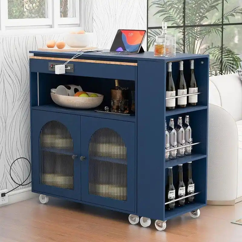 Rolling Kitchen Island on Wheels With Extended Table, LED Lights, Power Outlets and 2 Fluted Glass Doors