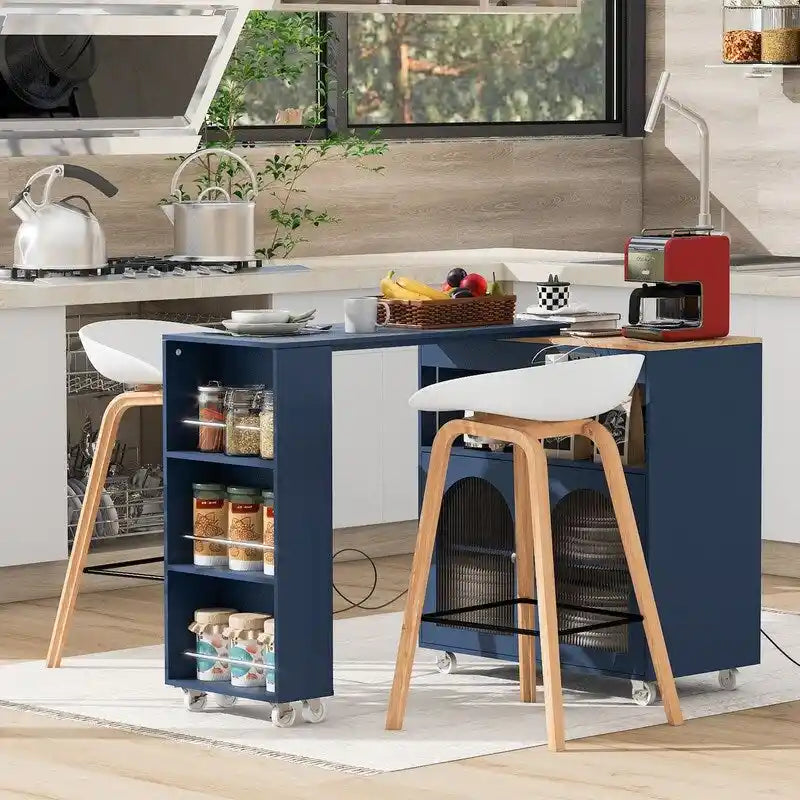 Rolling Kitchen Island on Wheels With Extended Table, LED Lights, Power Outlets and 2 Fluted Glass Doors