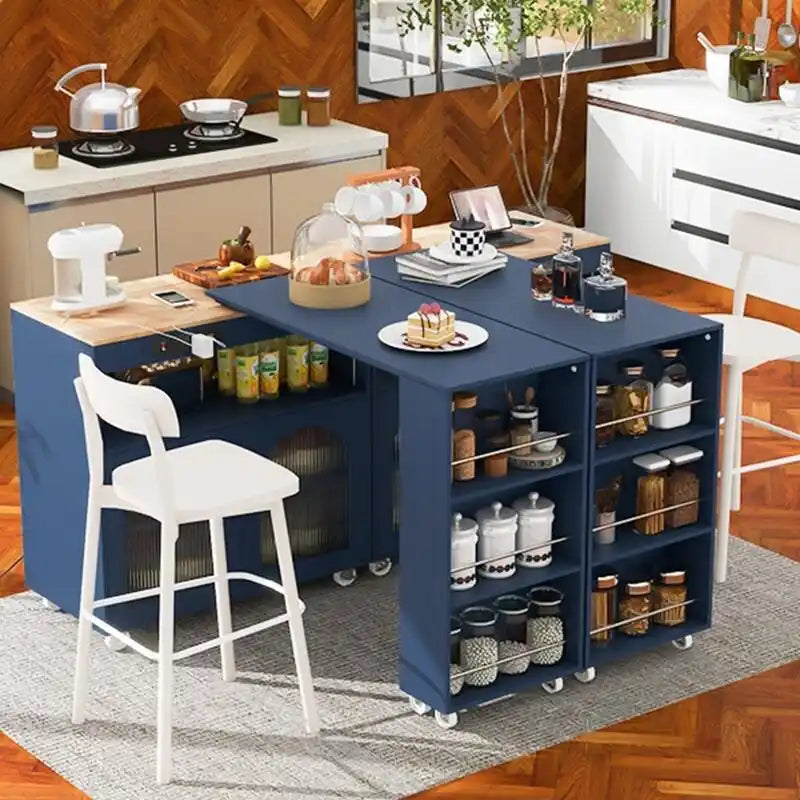 Rolling Kitchen Island on Wheels With Extended Table, LED Lights, Power Outlets and 2 Fluted Glass Doors