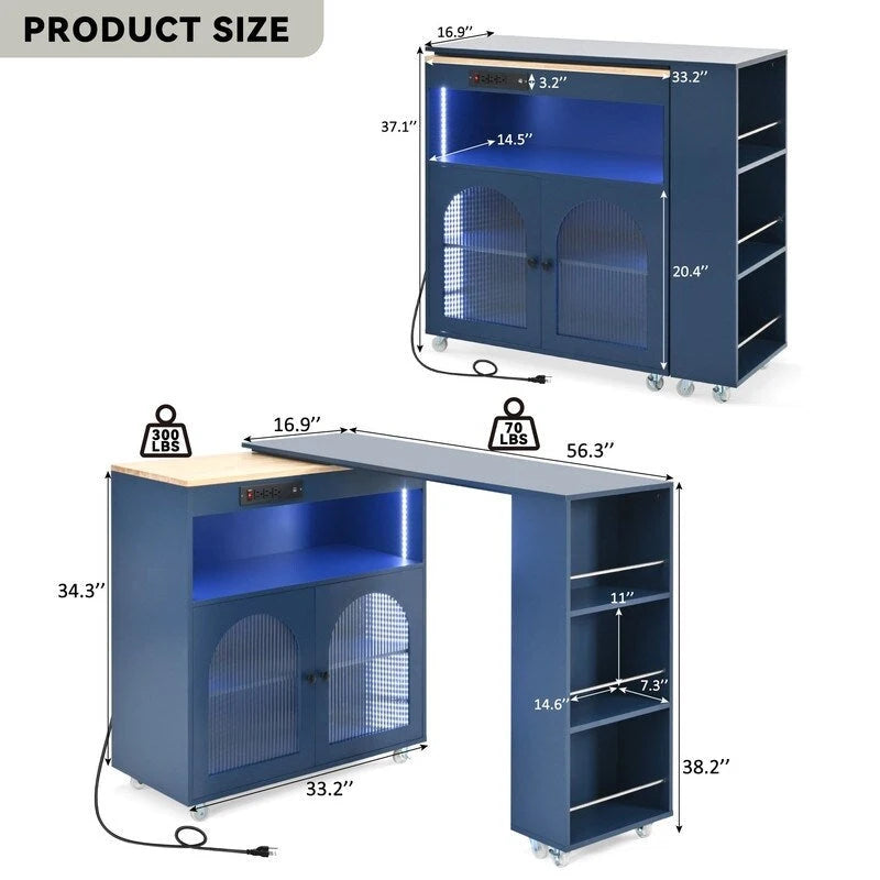 Rolling Kitchen Island on Wheels With Extended Table, LED Lights, Power Outlets and 2 Fluted Glass Doors