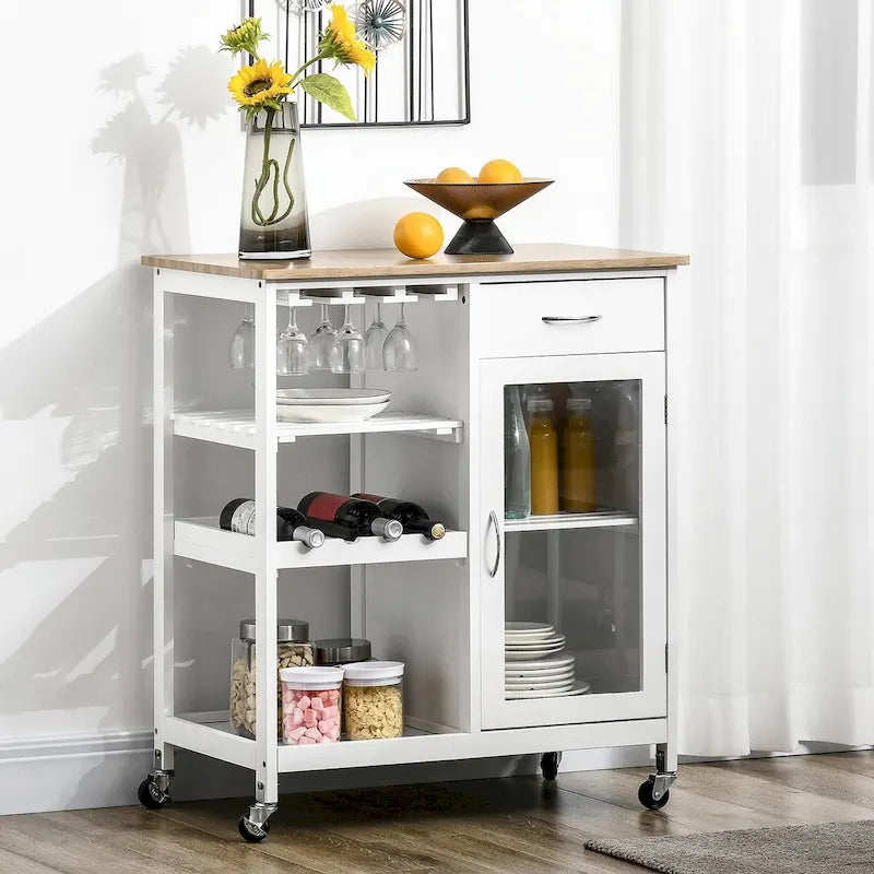 Rolling Kitchen Island with Wine Rack, Shelves, Drawer and Cabinet