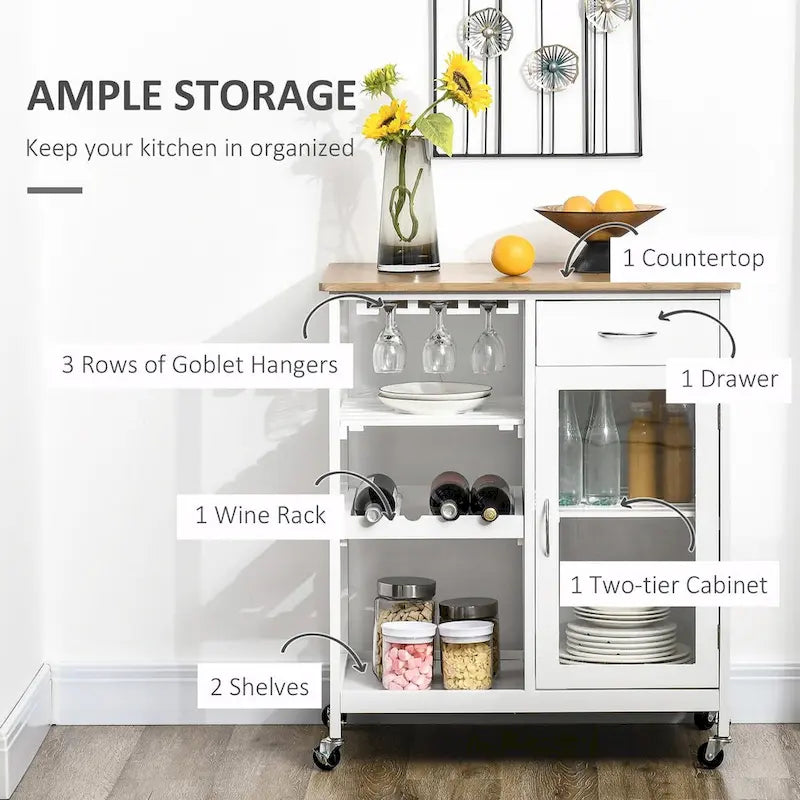 Rolling Kitchen Island with Wine Rack, Shelves, Drawer and Cabinet