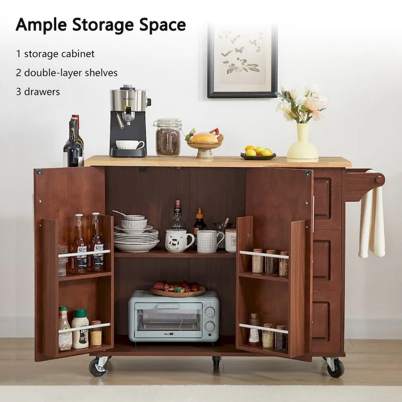Kitchen Island with Drop Leaf Countertop, Rolling Kitchen Island Cart with Storage Cabinet