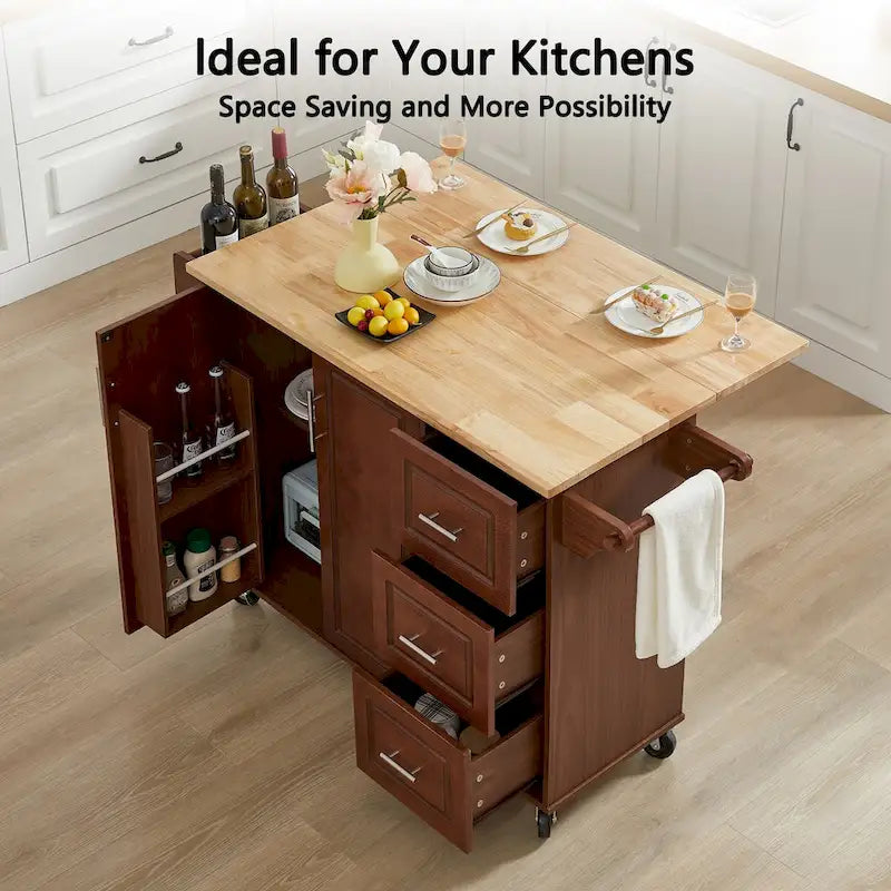 Kitchen Island with Drop Leaf Countertop, Rolling Kitchen Island Cart with Storage Cabinet