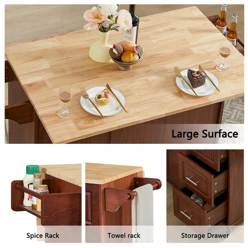 Kitchen Island with Drop Leaf Countertop, Rolling Kitchen Island Cart with Storage Cabinet