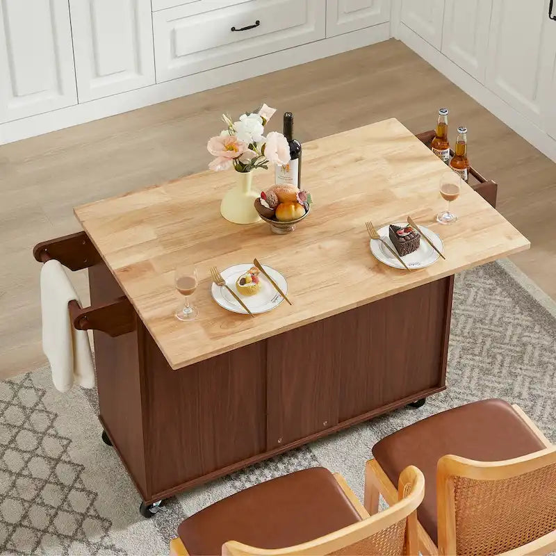Kitchen Island with Drop Leaf Countertop, Rolling Kitchen Island Cart with Storage Cabinet
