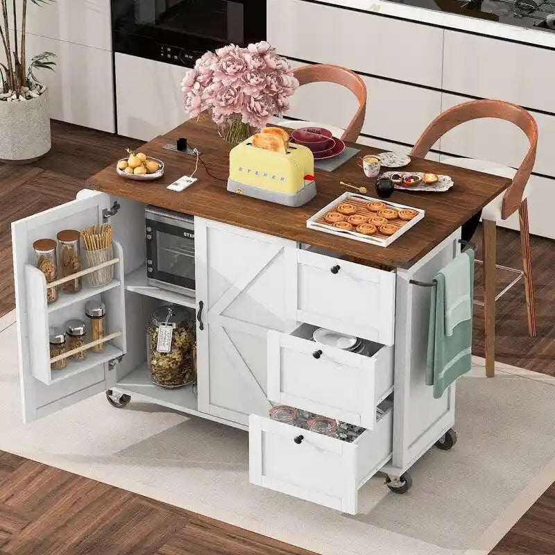Kitchen Island with Power Outlet, Drop Leaf & Rolling Wheels