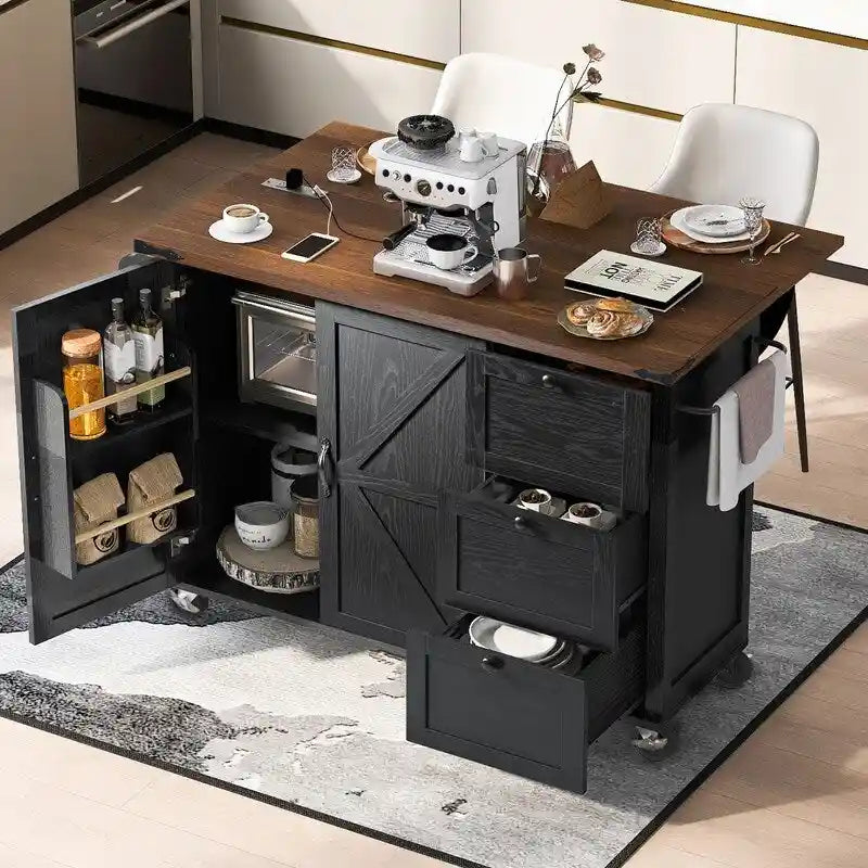 Kitchen Island with Power Outlet, Drop Leaf & Rolling Wheels