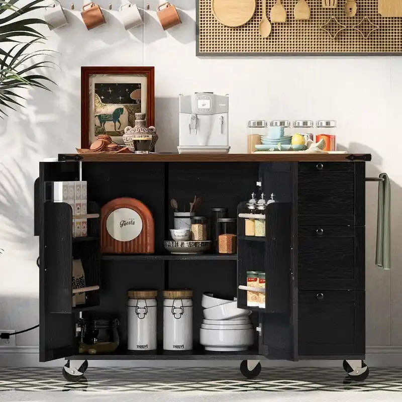 Kitchen Island with Power Outlet, Drop Leaf & Rolling Wheels