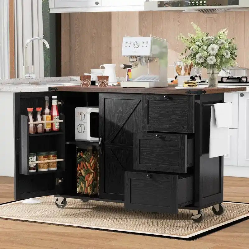 Kitchen Island with Power Outlet, Drop Leaf & Rolling Wheels