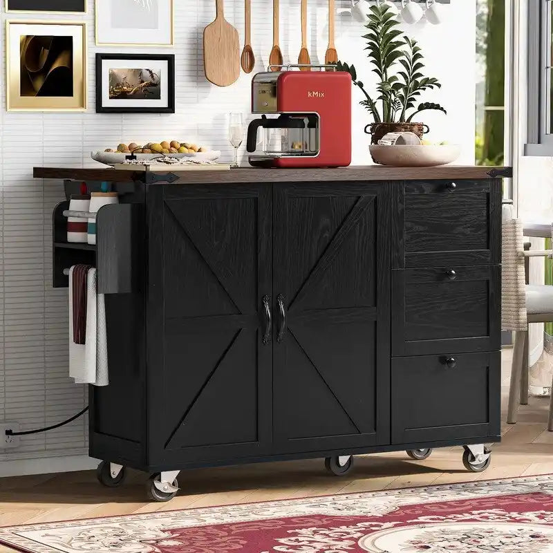 Kitchen Island with Power Outlet, Drop Leaf & Rolling Wheels