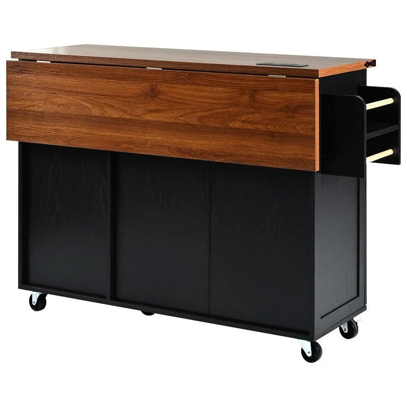Kitchen Island with Power Outlet, Drop Leaf & Rolling Wheels