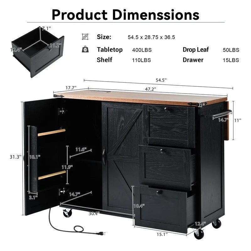 Kitchen Island with Power Outlet, Drop Leaf & Rolling Wheels